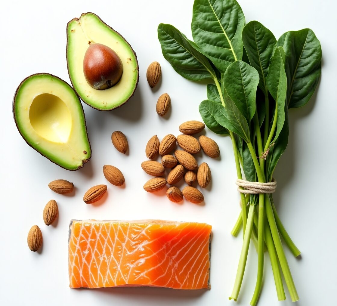 A flat-lay of healthy foods like avocados, nuts, spinach, and salmon that support progesterone production