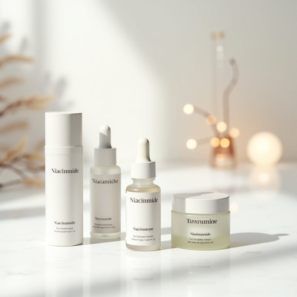 A display of niacinamide-based serums and moisturizers, set in a clean and bright environment with radiant skin in the background.