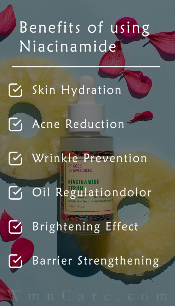 A chart visually outlining the benefits of niacinamide for skin, including hydration, anti-aging, acne reduction, and improved skin tone.