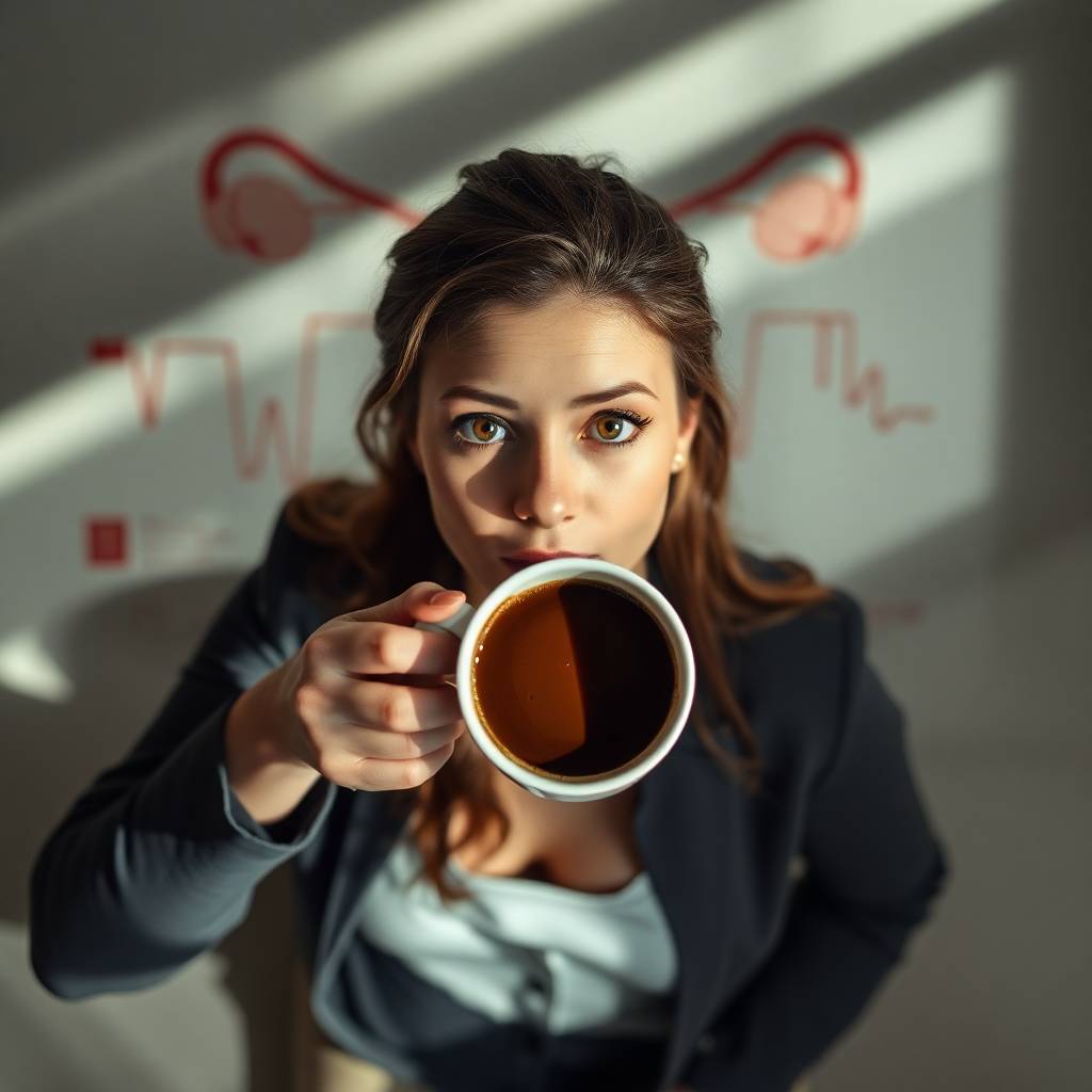 A young woman working with a laptop and coffee, looking energized but slightly stressed.