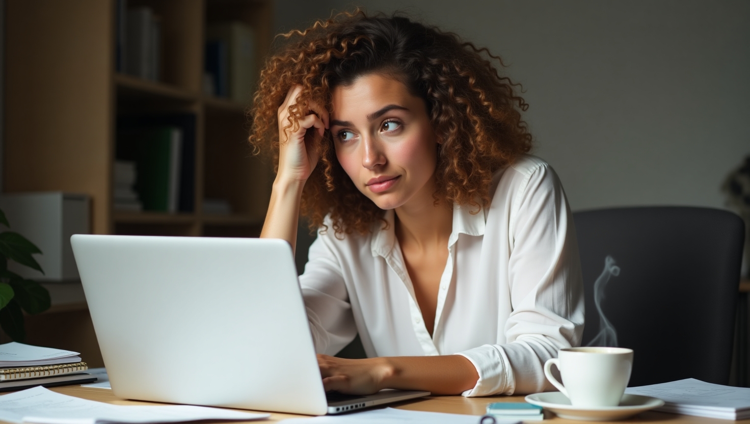 A thoughtful woman holding a coffee cup with abstract hormonal visuals in the background.