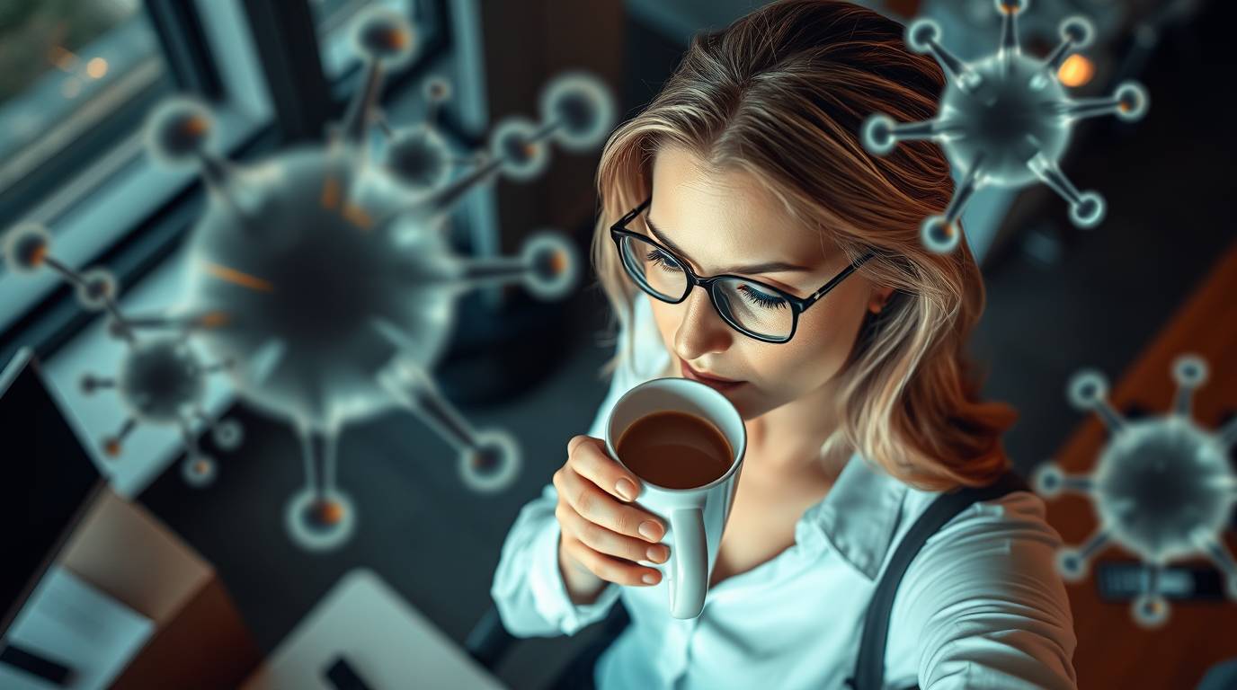 A busy woman drinking coffee in an office with cortisol molecule illustrations in the background.