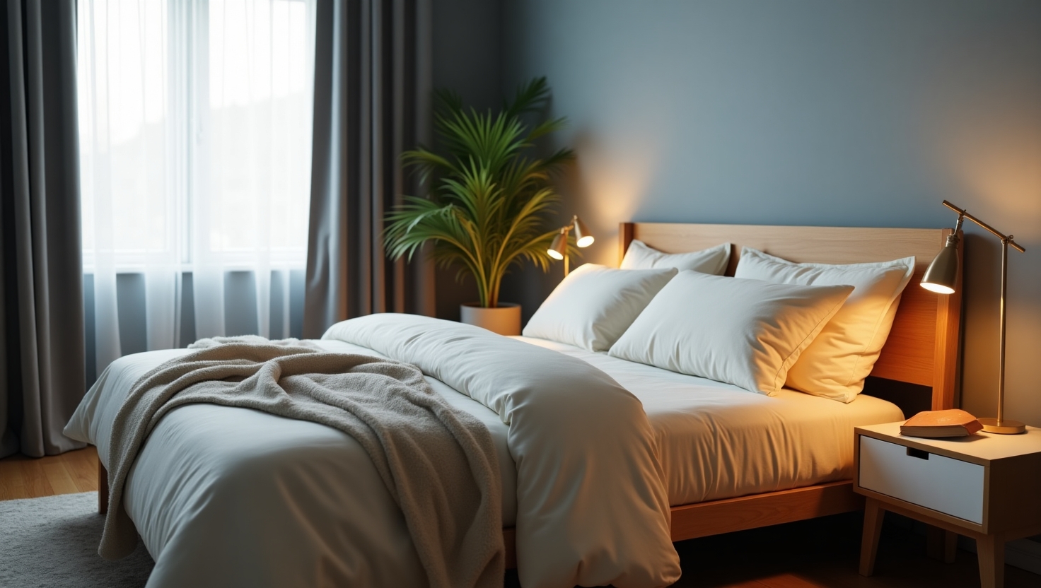 Cozy bedroom with blackout curtains and a comfortable bed for better sleep and hormonal health