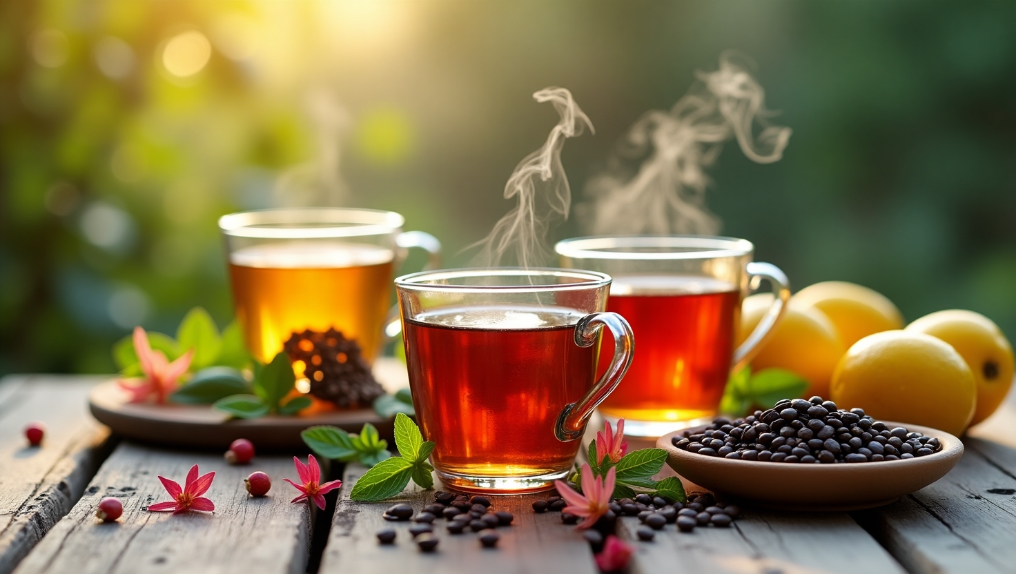 Herbal teas, decaffeinated coffee, and golden milk arranged on a rustic table.