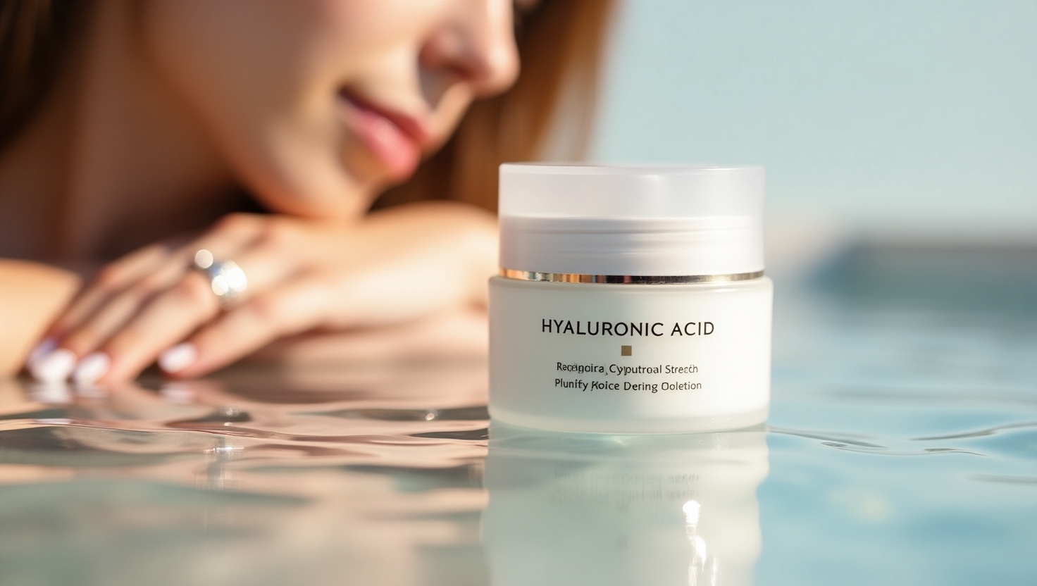 Close-up of a hyaluronic acid skincare product with radiant, hydrated skin.