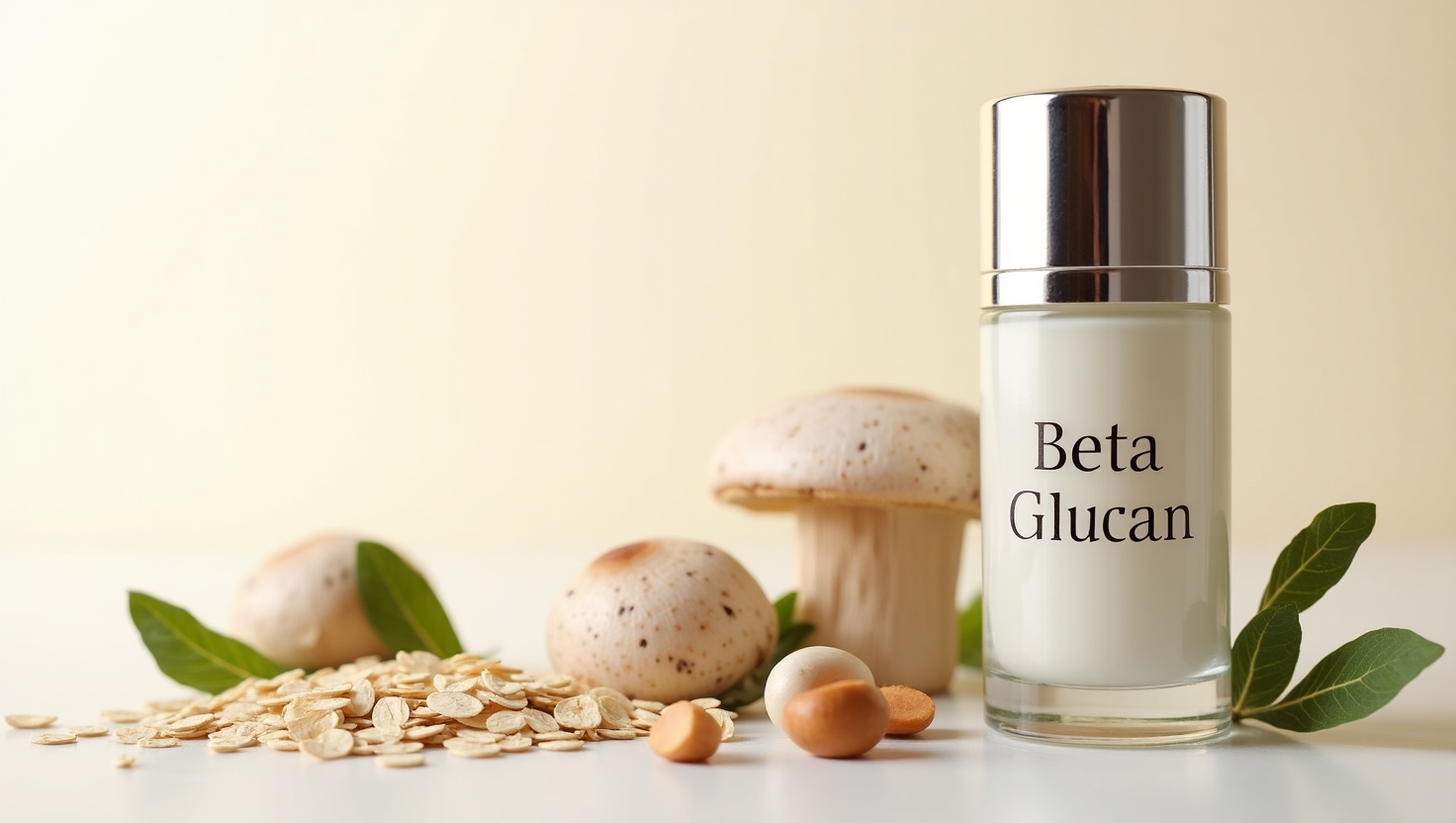 A beta-glucan skin care product surrounded by oats and mushrooms on a minimalist background. Beta glucan skin care