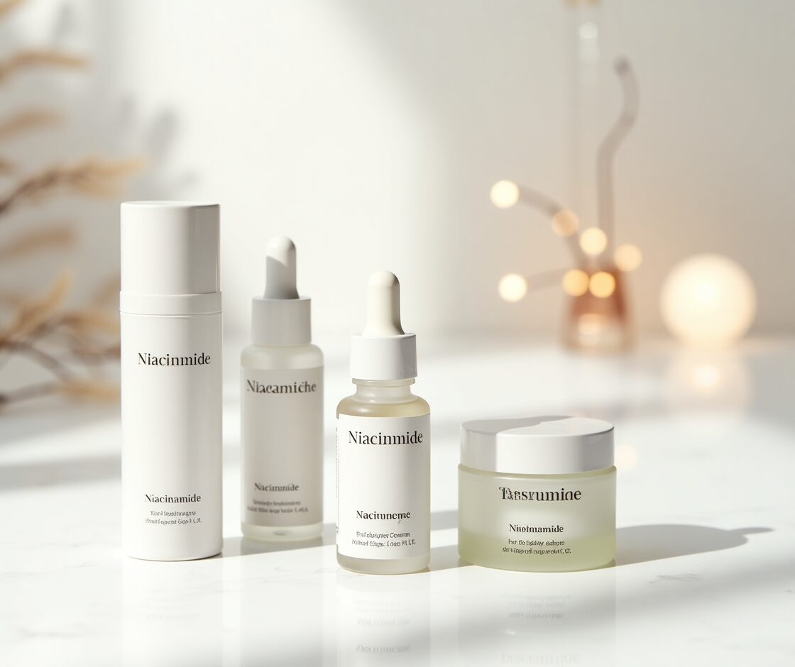 A display of niacinamide-based serums and moisturizers, set in a clean and bright environment with radiant skin in the background.