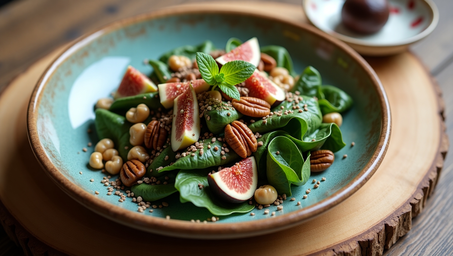 Healthy dinner plate with leafy greens, nuts, seeds, and dark chocolate for better sleep and hormonal balance