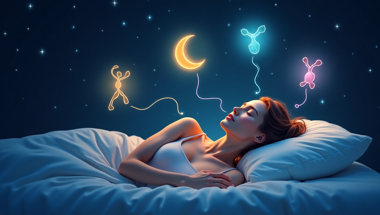 Peaceful sleeping woman surrounded by glowing hormone icons, symbolizing the connection between sleep and hormonal health