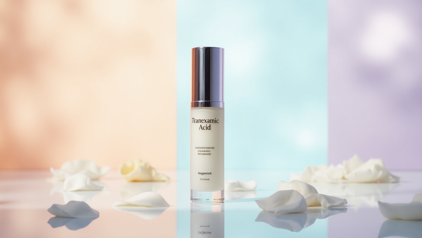 A sleek tranexamic acid serum bottle on a reflective surface with luminous effects. Tranexamic acid skin care benefits