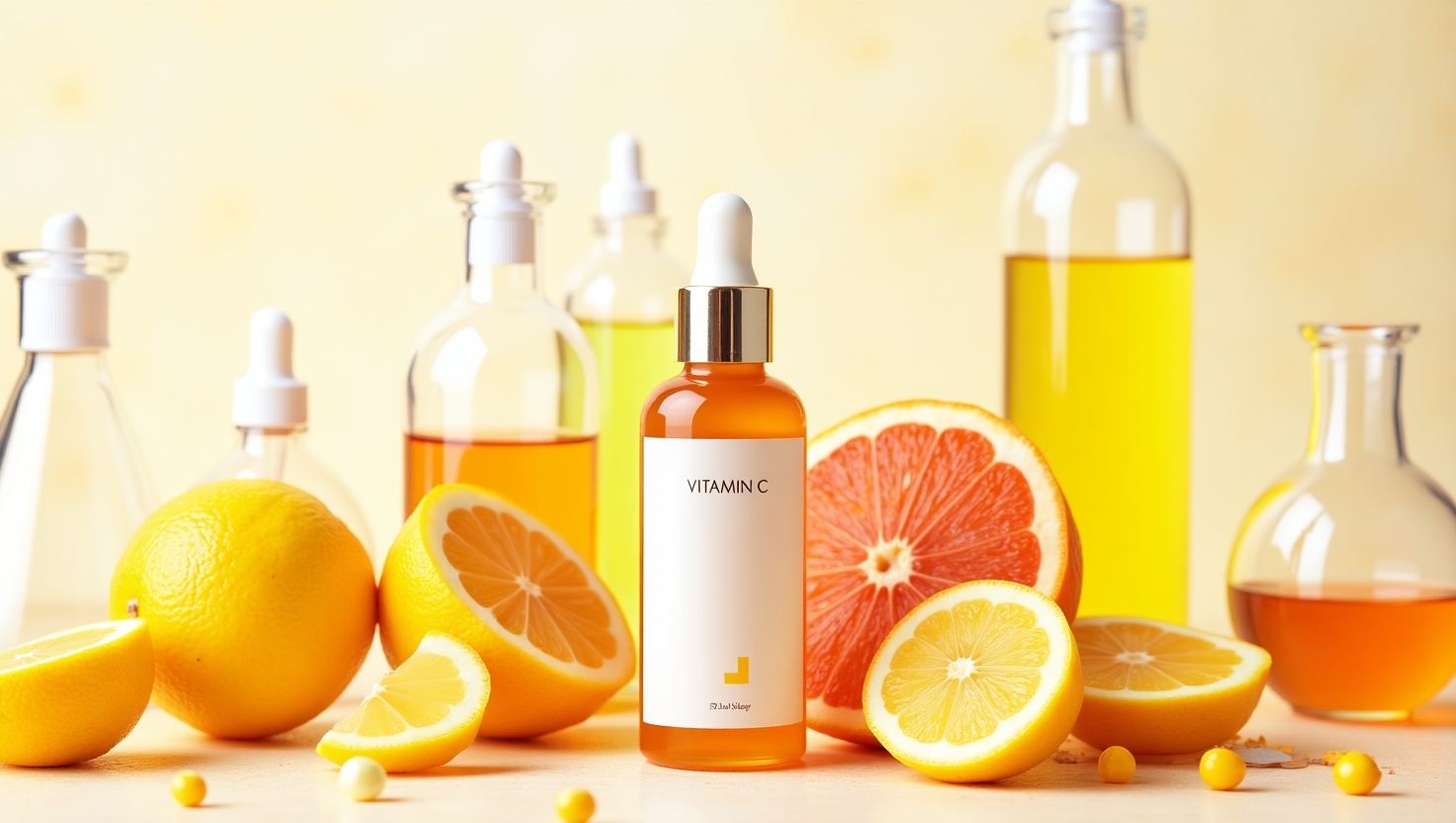 Skin care products with vitamin C surrounded by fresh oranges and lemons. Best form of vitamin C for skin care