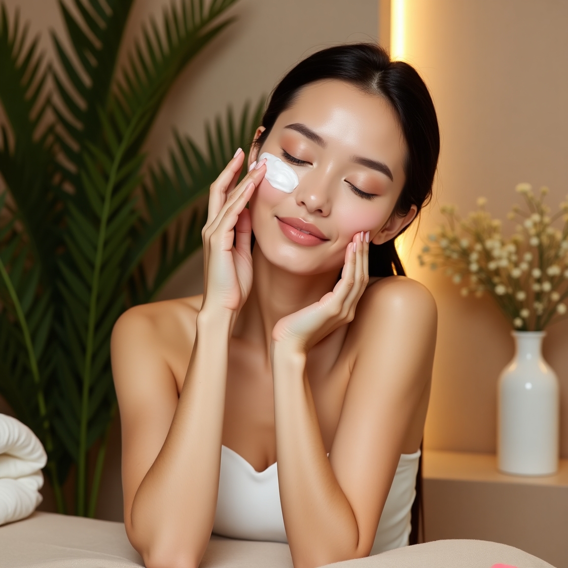 A woman applying beta-glucan cream in a serene spa-like setting.