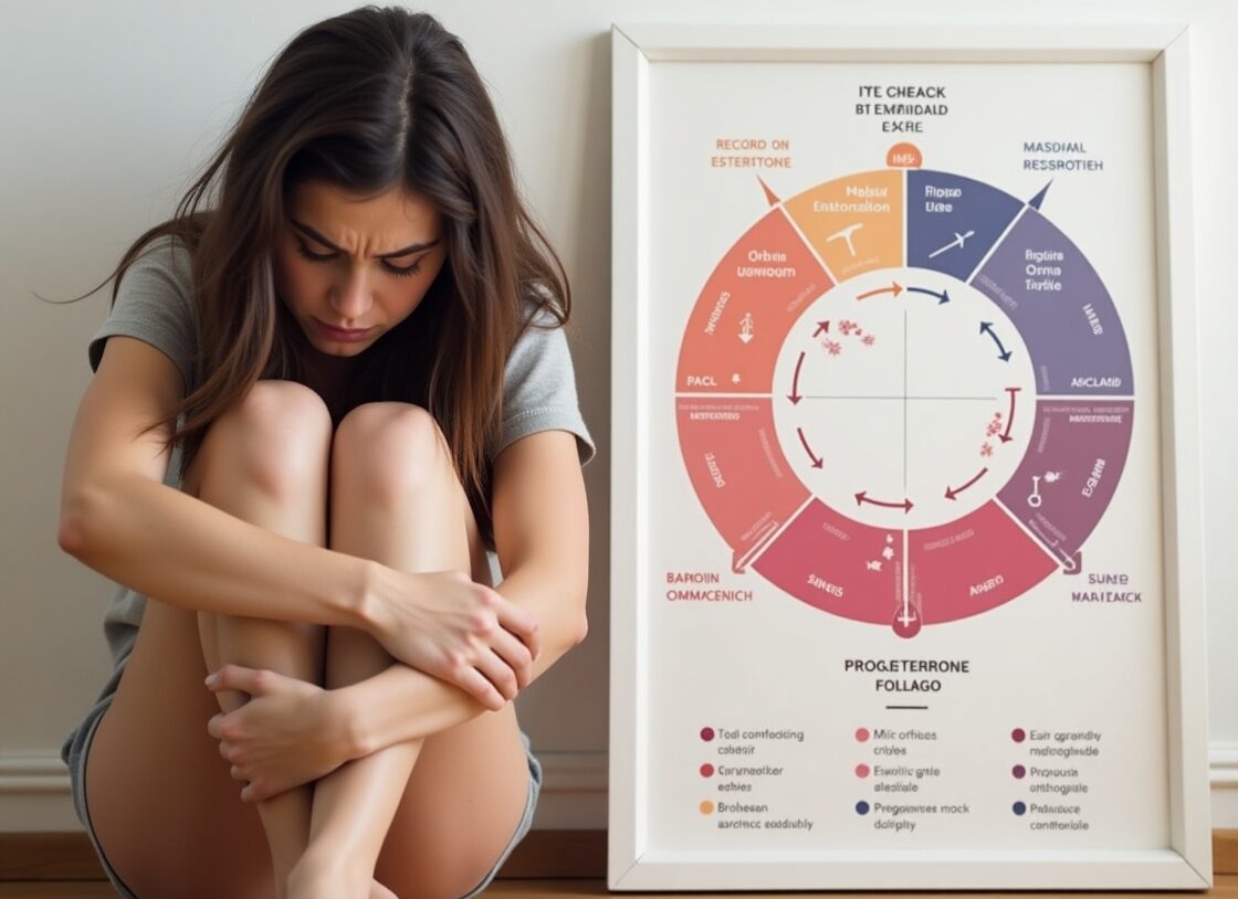 A tired woman sitting on a couch, showing signs of fatigue and mood swings due to hormonal imbalance