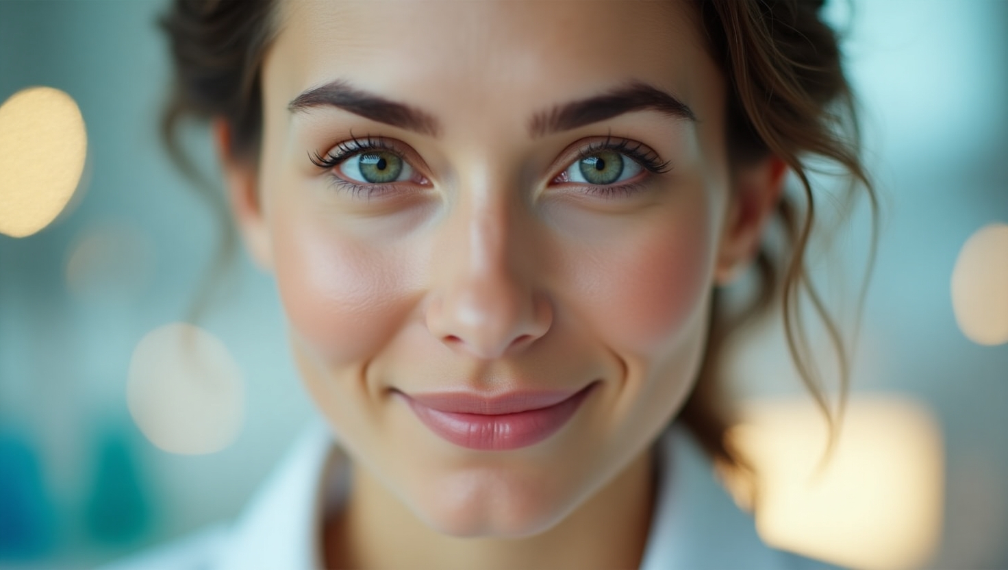 A close-up of a woman's even-toned, glowing skin with a scientific background.